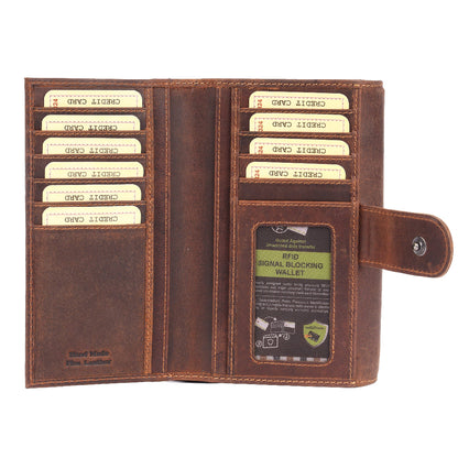 Brown leather wallet with card slots and visible brand label on a white background