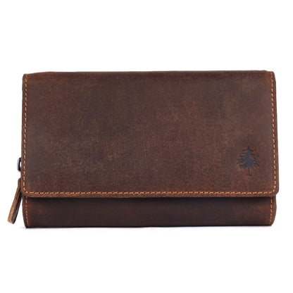 Brown leather wallet with a tree logo on a white background