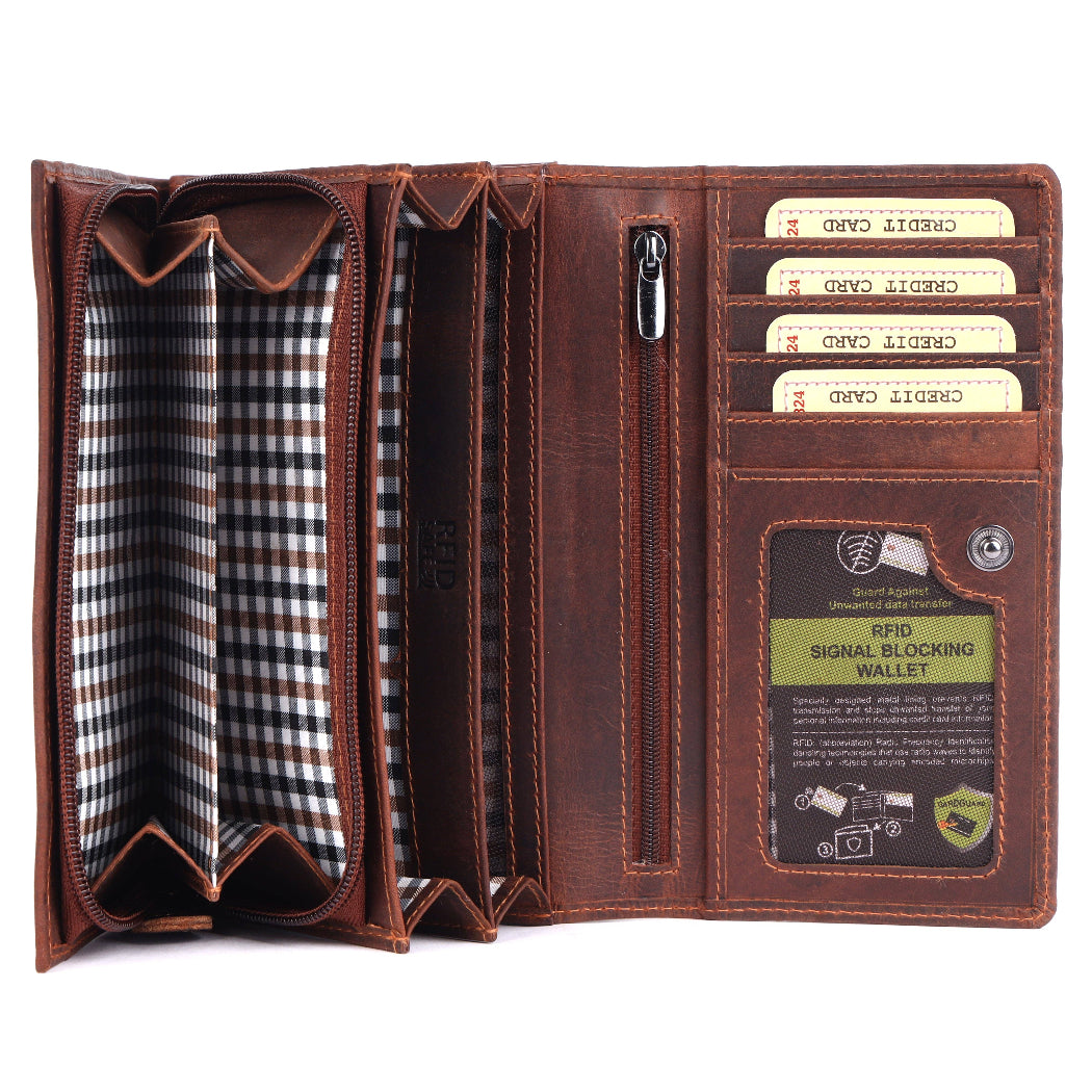 Brown leather wallet with checkered lining and card slots on a white background