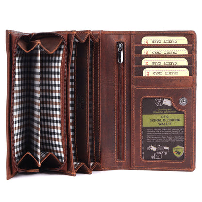 Brown leather wallet with checkered lining and card slots on a white background