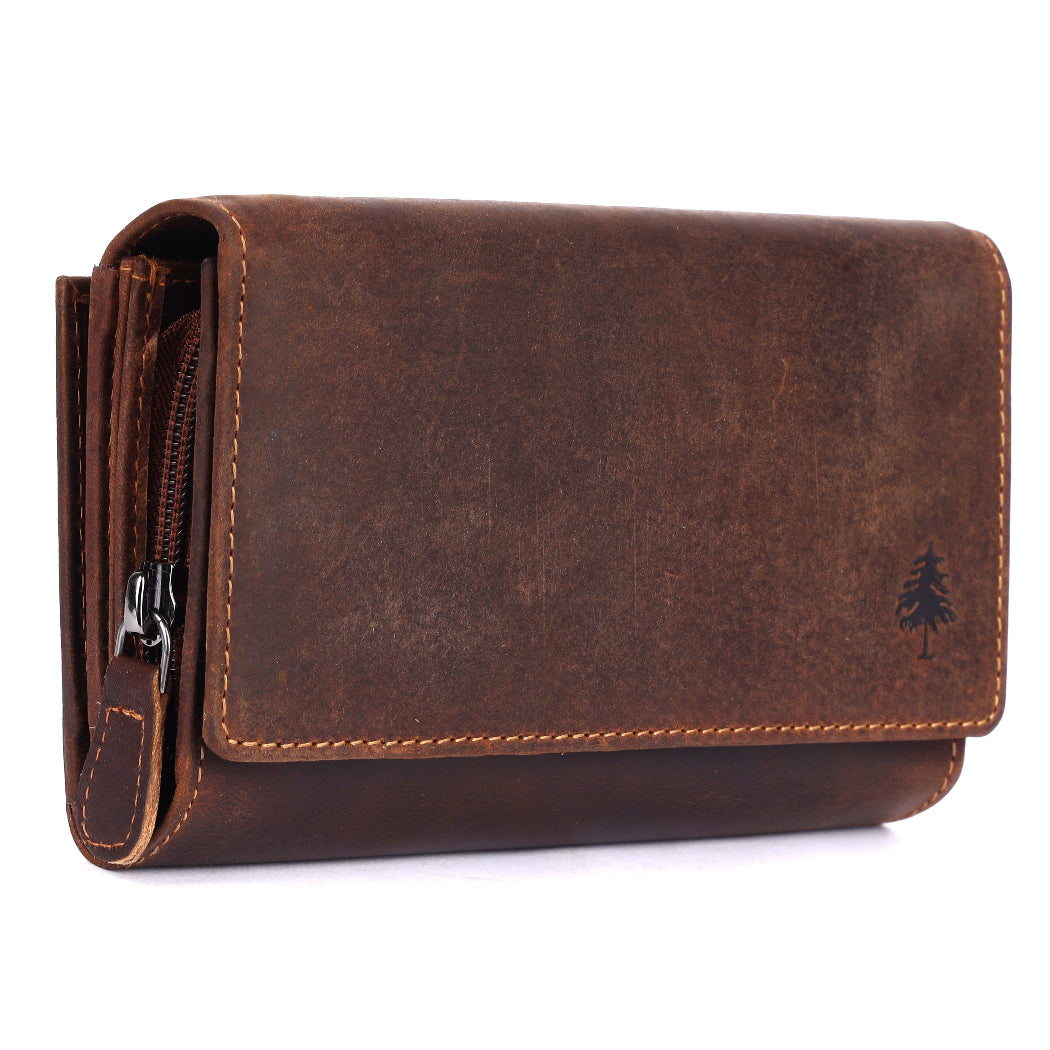 Brown leather wallet with a visible brand logo on a white background