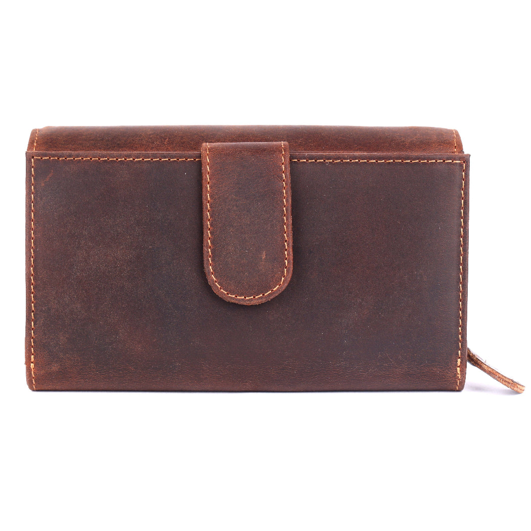 Brown leather wallet with a strap on a white background