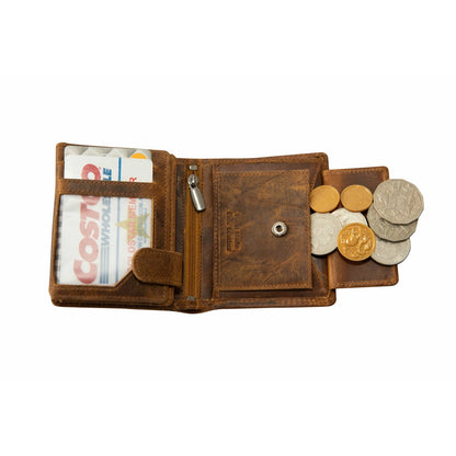 Brown leather wallet with money and coins on a white background