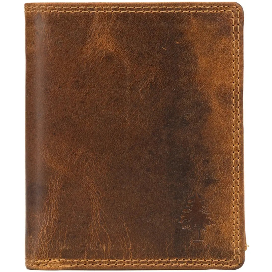 A brown distressed leather bifold wallet with visible stitching and a weathered, textured finish, shown against a plain white background.