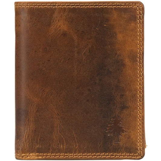 A brown distressed leather bifold wallet with visible stitching and a weathered, textured finish, shown against a plain white background.