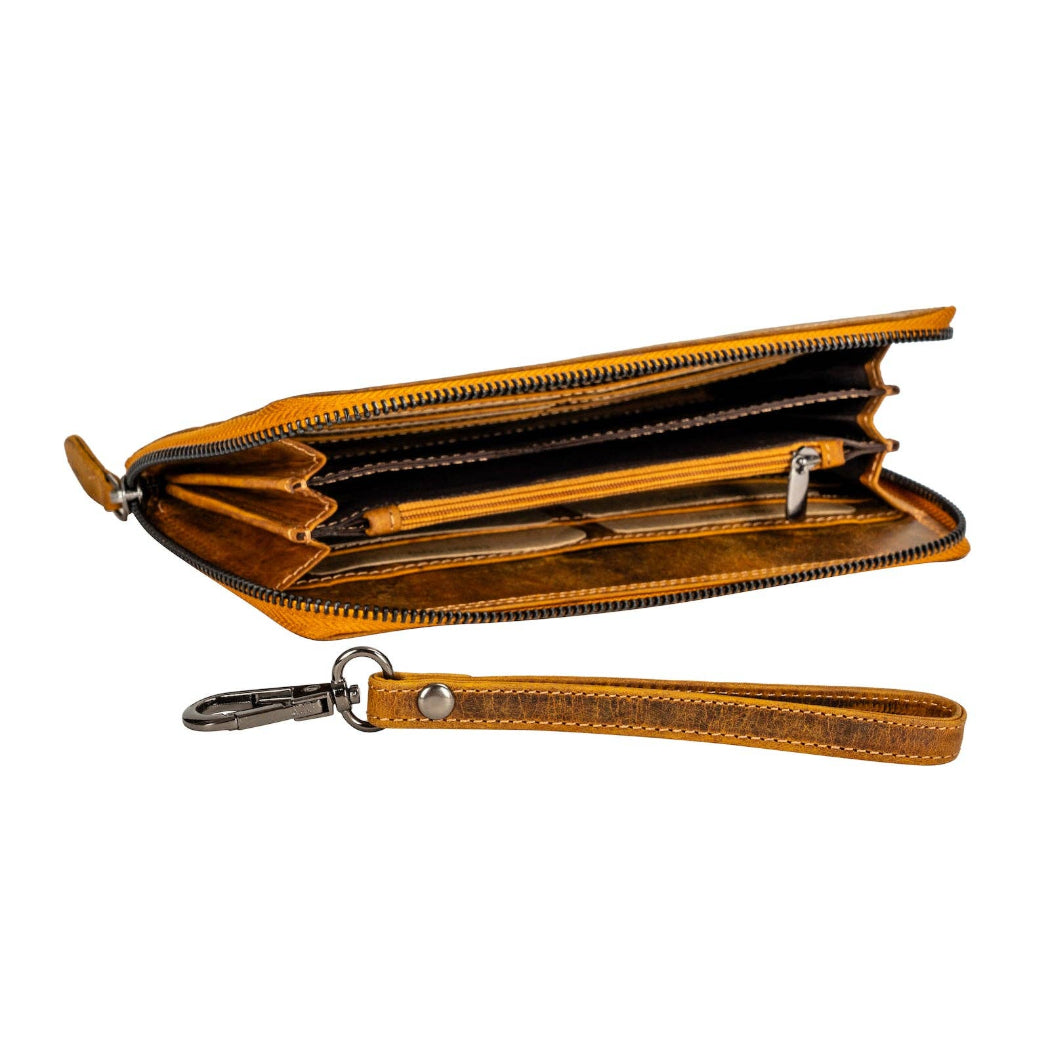 Brown leather wallet with a detachable strap on a white background