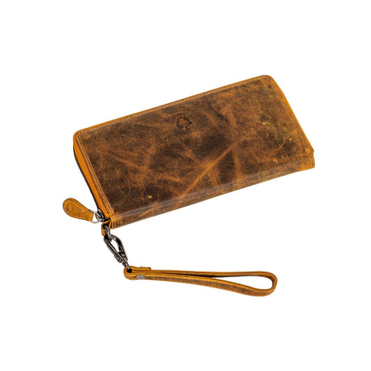 Brown leather wallet with wrist strap on a white background