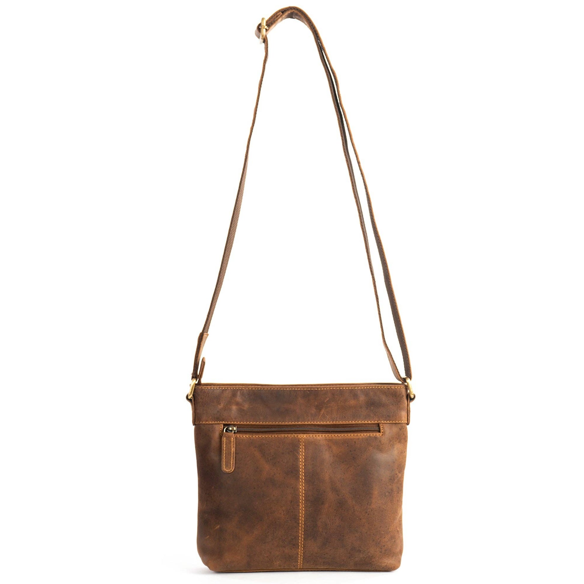 Brown leather crossbody bag on a white background
