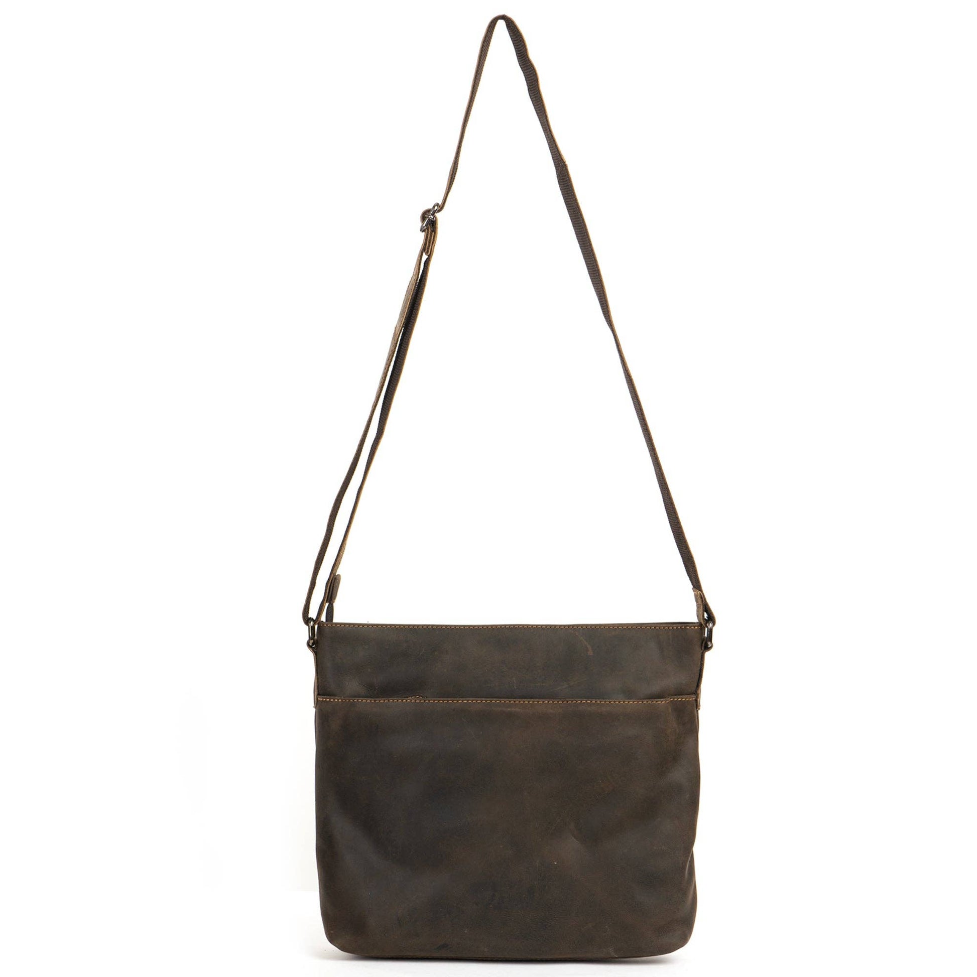 A dark brown leather shoulder bag with a long adjustable strap, shown against a plain white background.