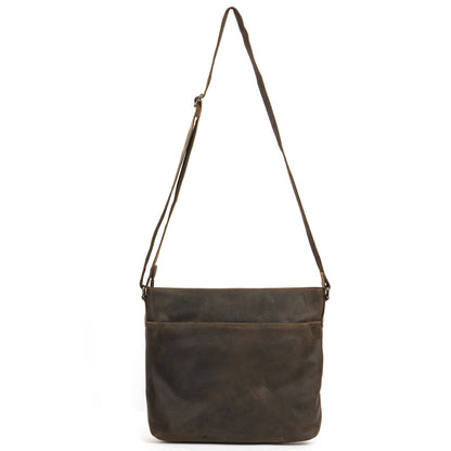 A dark brown leather shoulder bag with a long adjustable strap, shown against a plain white background.