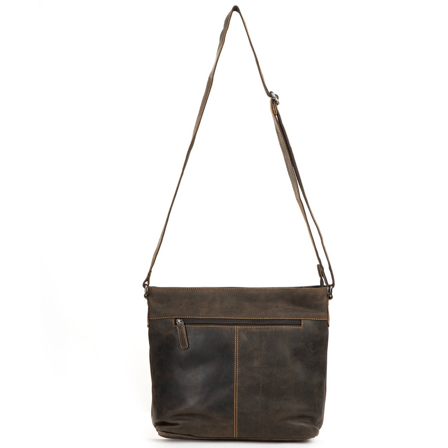 A dark brown distressed leather crossbody bag with a long adjustable shoulder strap, a front zippered pocket, and contrast stitching, shown against a plain white background.