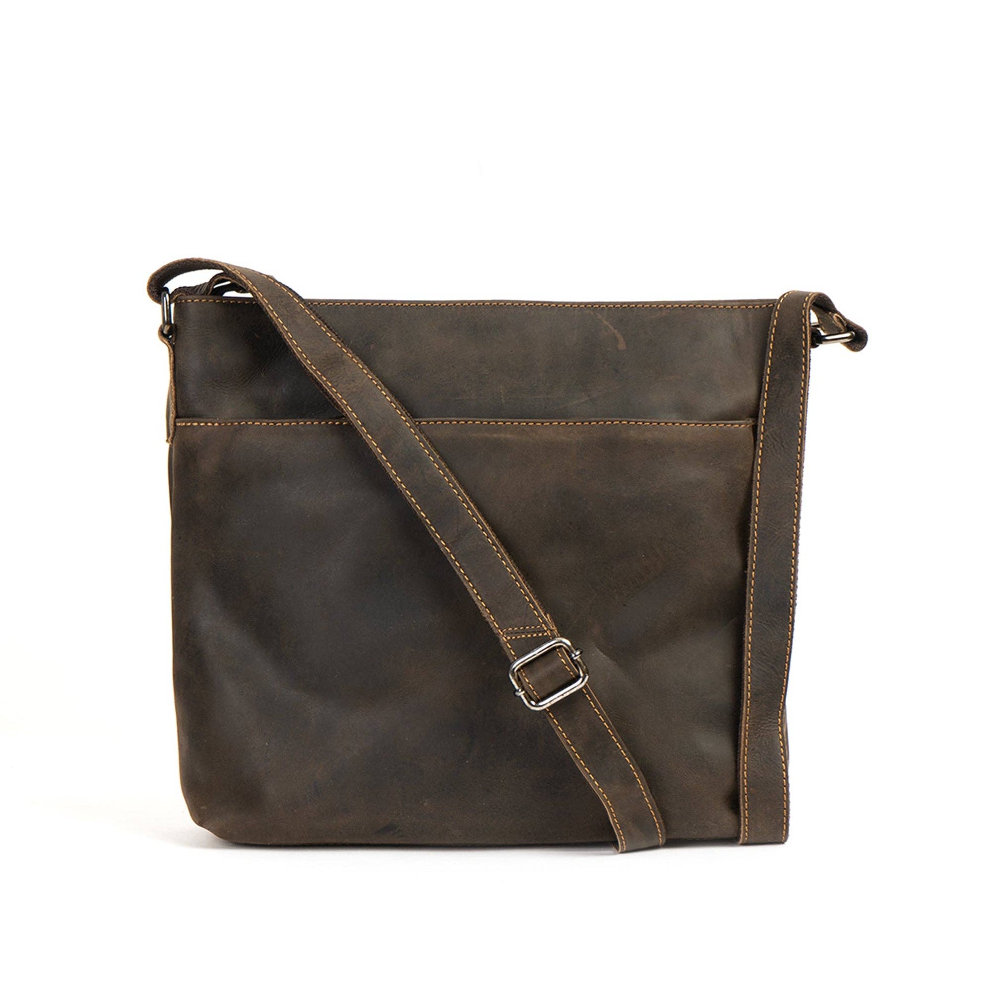 Brown leather shoulder bag on a white background