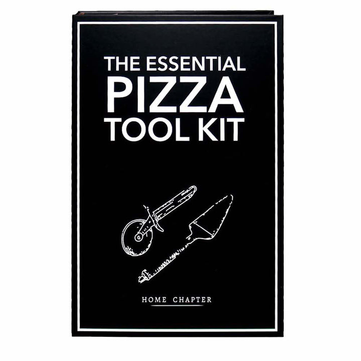 The Essential Pizza Tool Kit book cover by Home Chapter, featuring a black background with white text and line drawings of a pizza cutter and pizza peel.