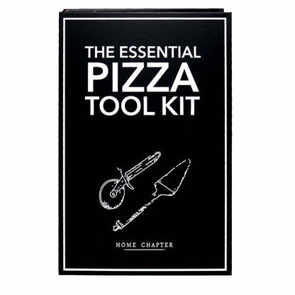 The Essential Pizza Tool Kit book cover by Home Chapter, featuring a black background with white text and line drawings of a pizza cutter and pizza peel.
