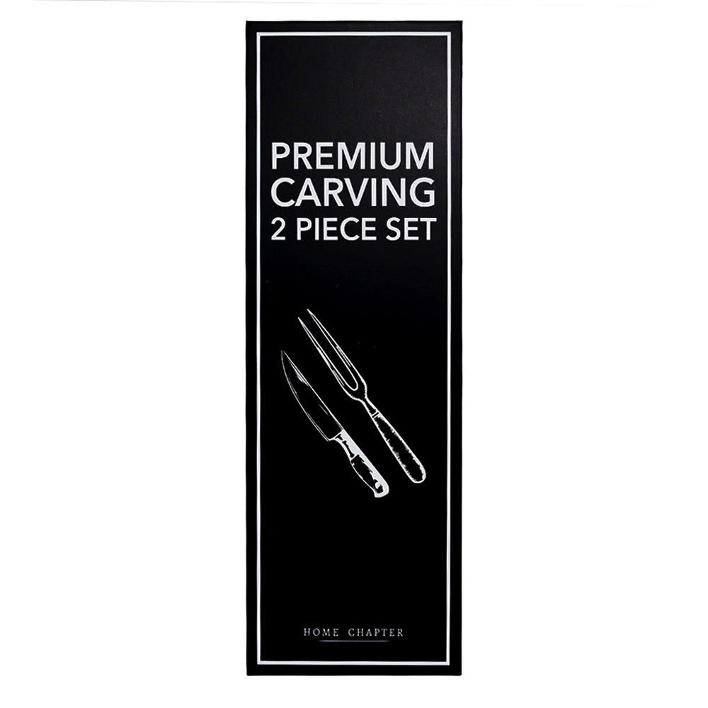 A tall black product box or packaging panel with white text reading 'PREMIUM CARVING 2 PIECE SET' and a simple white carving knife and fork illustration, on a light gray background. The brand name 'HOME CHAPTER' appears at the bottom.