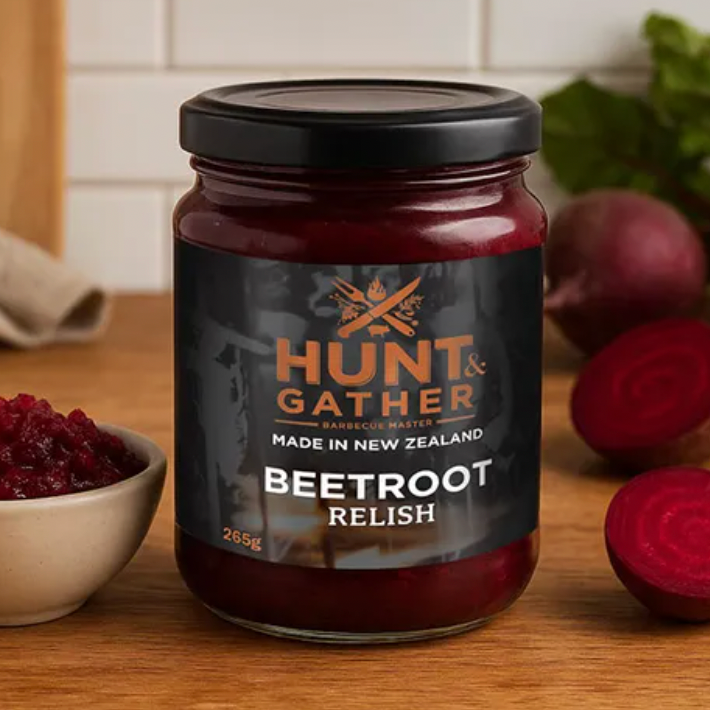 Jar of Hunt & Gather Beetroot Relish on a wooden surface with beetroot and a bowl of relish.