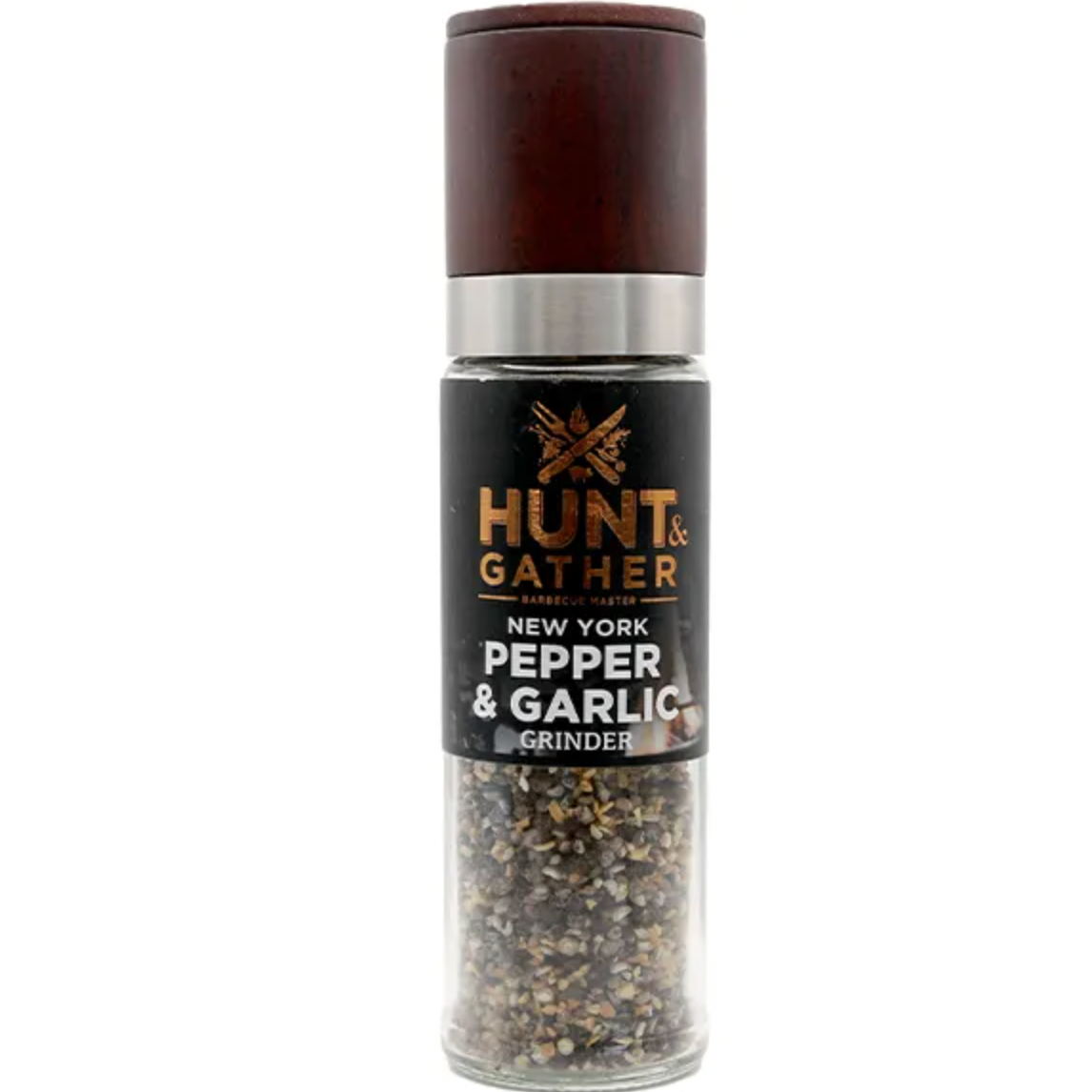 Pepper and garlic grinder with 'Hunt & Gather' branding on a white background