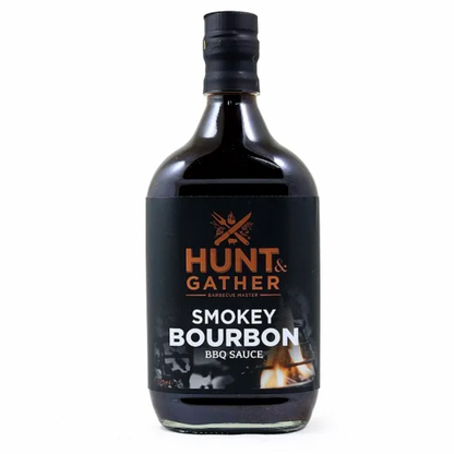 Bottle of Hunt & Gather Smokey Bourbon BBQ Sauce on a white background