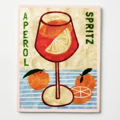 Card with a red glass labeled 'Aperol Spritz' featuring orange slices and oranges on a striped background.