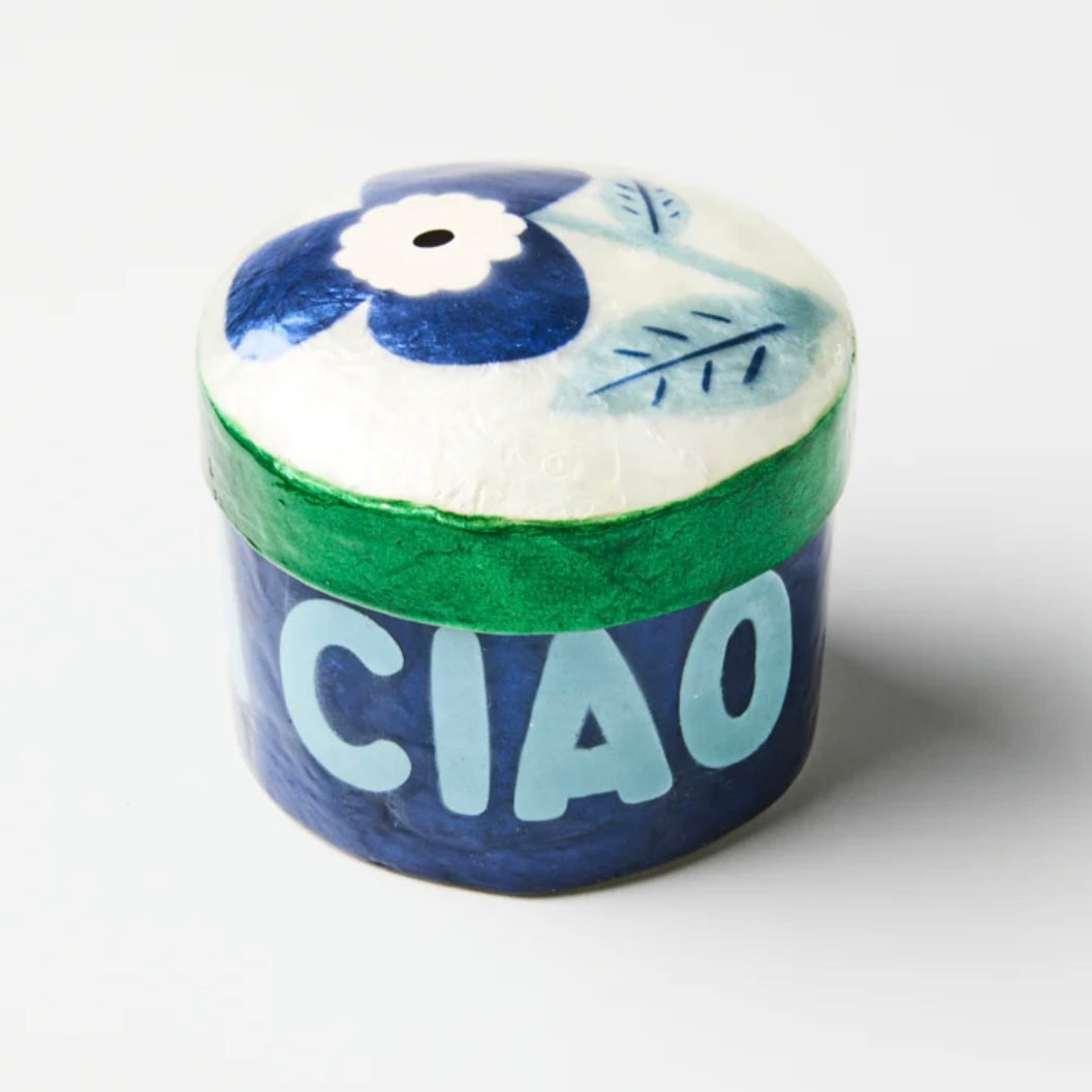 Ceramic container with floral design and 'CIAO' text on a white background