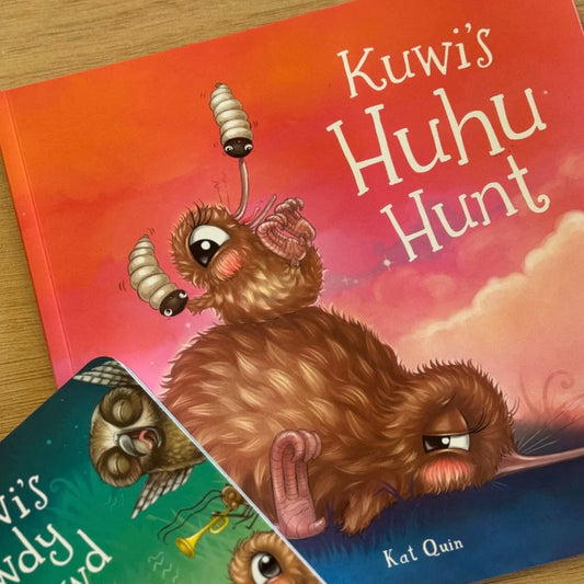 Children's book titled 'Kuwi's Huhu Hunt' with a cartoon character on the cover.