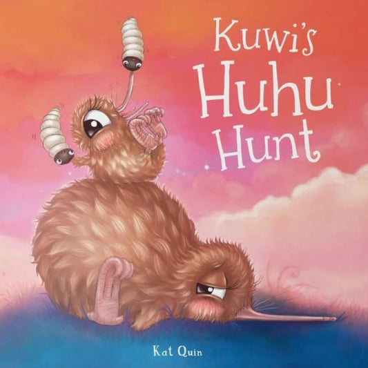Book cover of 'Kuwi's Huhu Hunt' with a kiwi character and clouds in the background