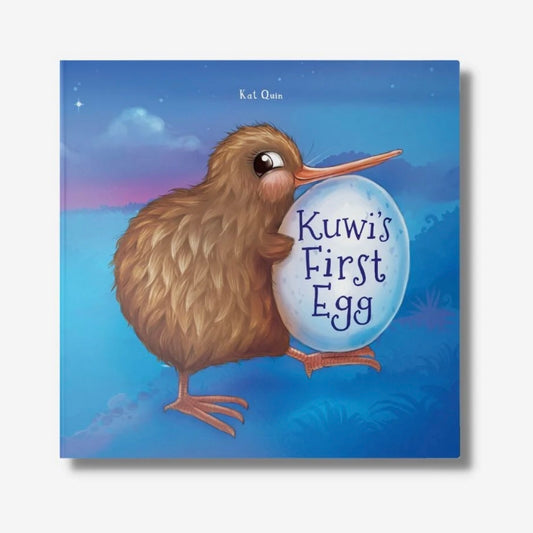 Book cover of 'Kuwi's First Egg' featuring a kiwi bird holding an egg with a blue background.