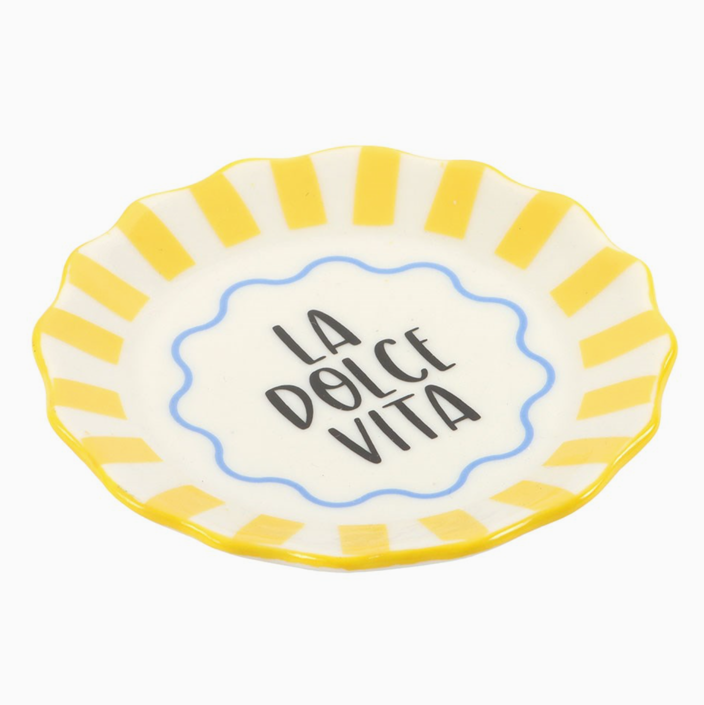Small ceramic plate with yellow rim and 'La Dolce Vita' text on a white background
