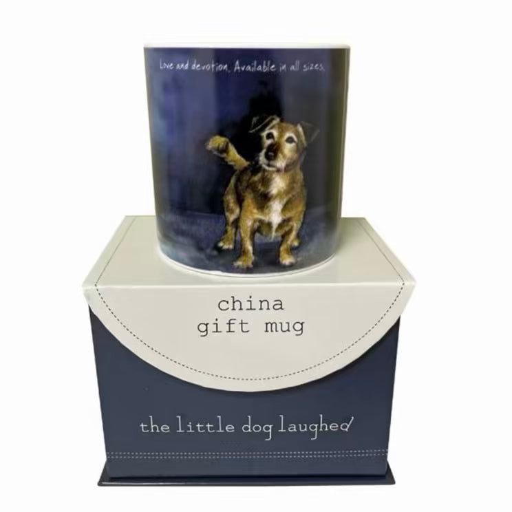 Gift mug with a dog illustration in a decorative box labeled 'the little dog laughed'.