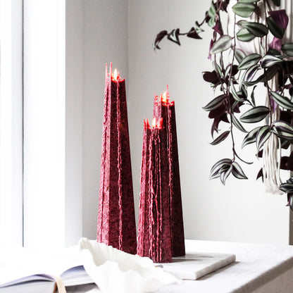 Two tall, textured red candles on a white surface with a plant in the background.