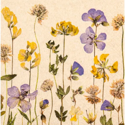 Pattern of pressed flowers including yellow, purple, and green on a beige background
