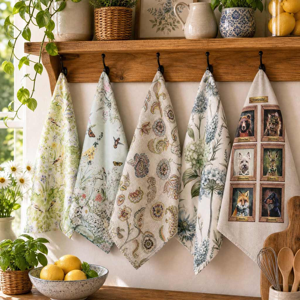 Four patterned kitchen towels hanging from black hooks on a wooden shelf in a bright kitchen setting. The towels feature various botanical, floral, and dog-themed prints.