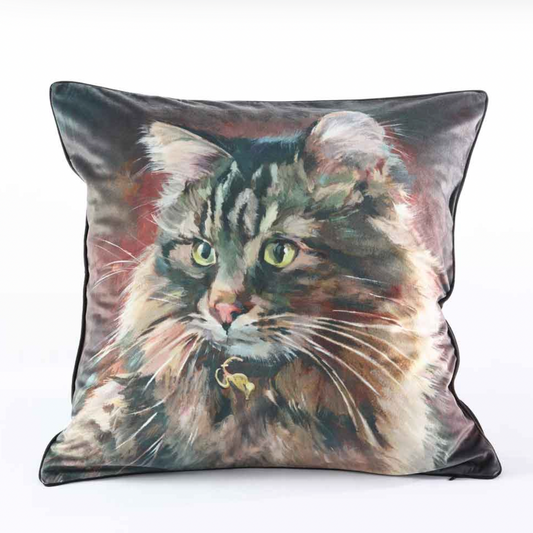 Decorative pillow with a cat's face printed on it against a white background