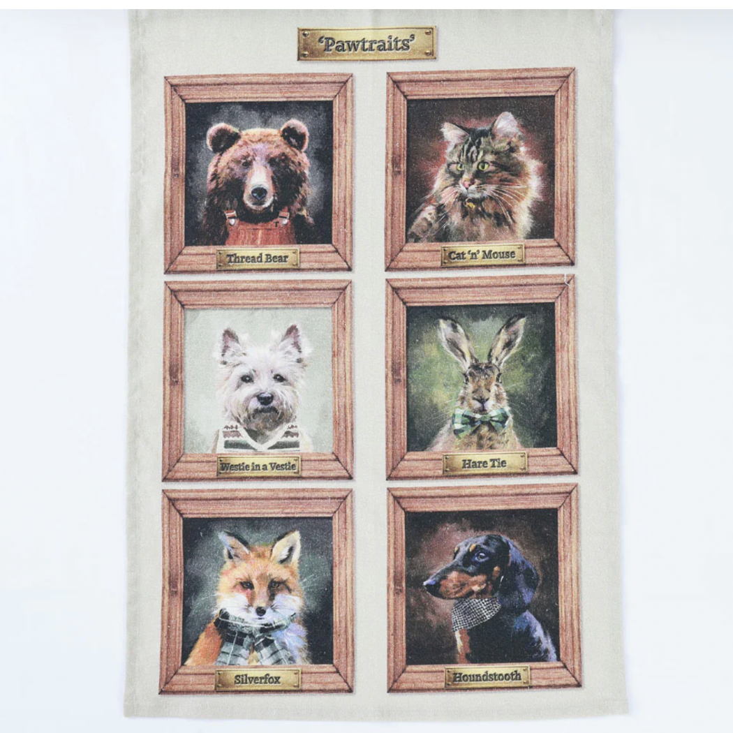 Collection of framed animal portraits with wooden frames on a white background.
