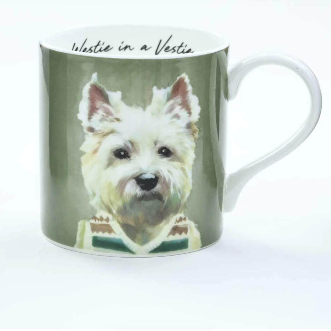 Mug with a West Highland White Terrier wearing a sweater on a white background