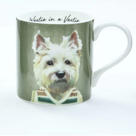 Mug with a West Highland White Terrier wearing a sweater on a white background