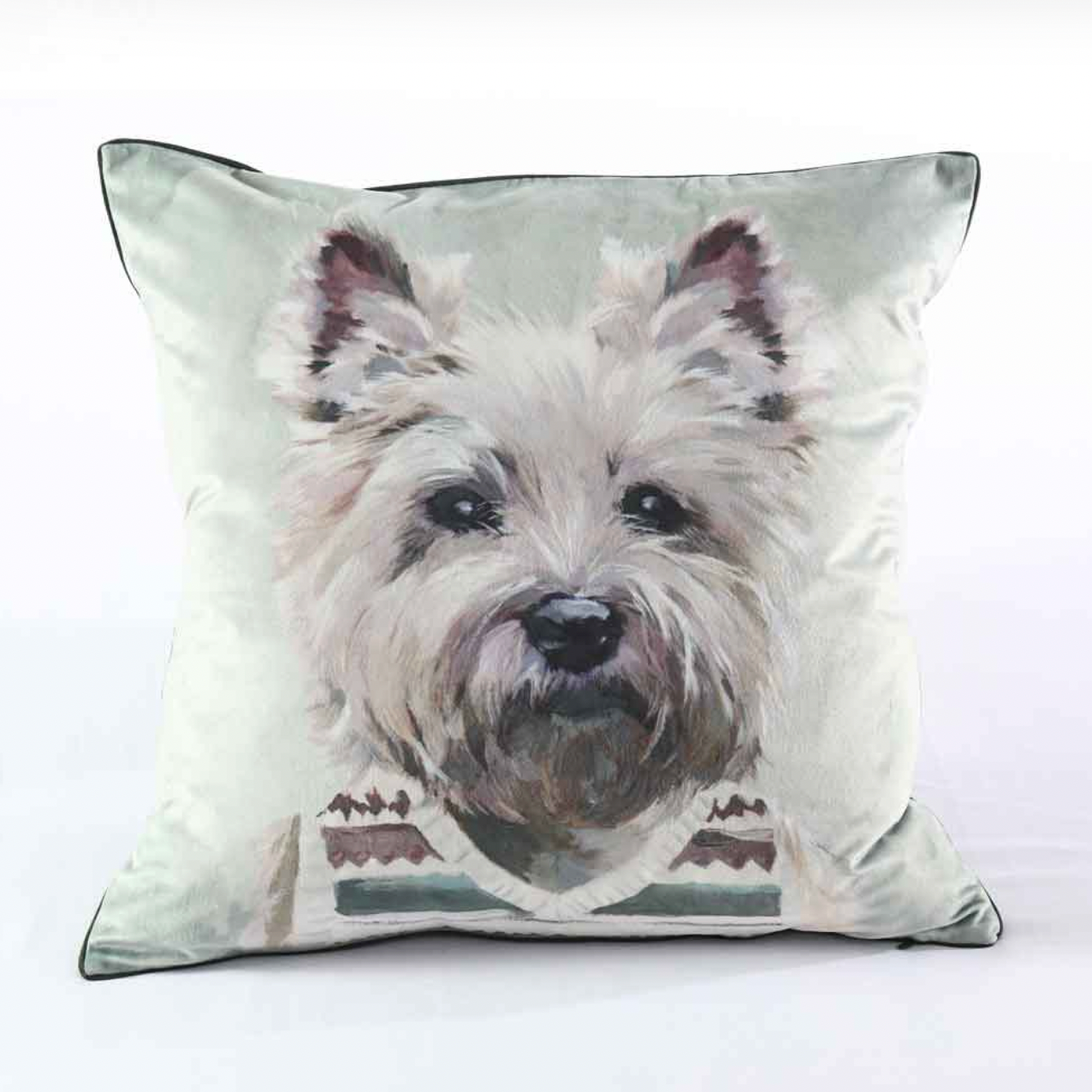 Pillow with a white dog's face printed on it against a light background