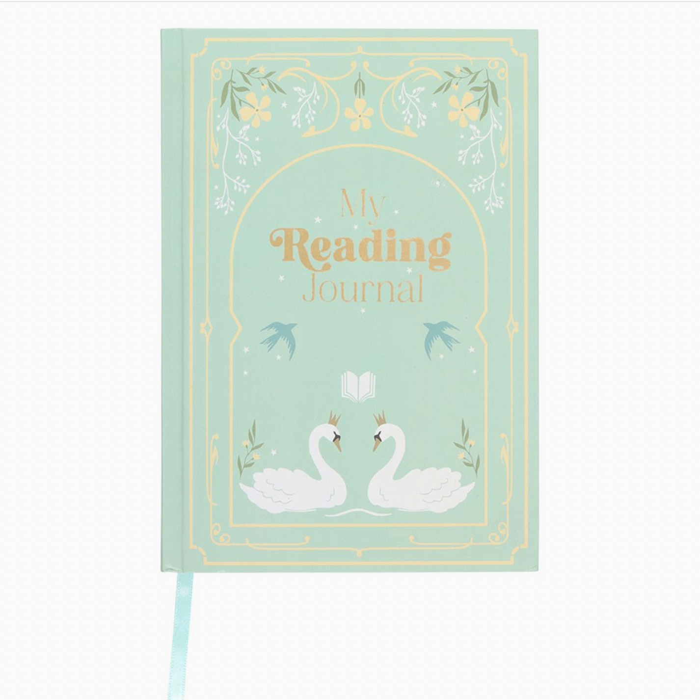 Journal with swan design and 'My Reading Journal' text on a light green background