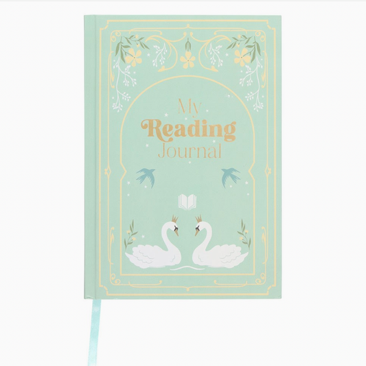 Journal with swan design and 'My Reading Journal' text on a light green background