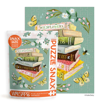 Puzzle Snax size puzzle packaging with books and nature-themed design