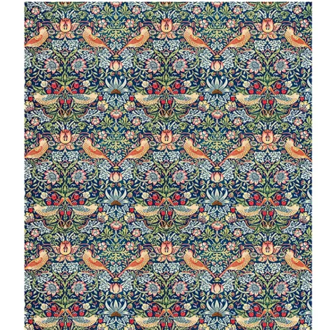 Patterned fabric with birds and flowers on a blue background