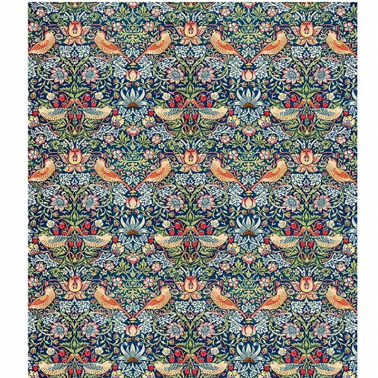 Patterned fabric with birds and flowers on a blue background