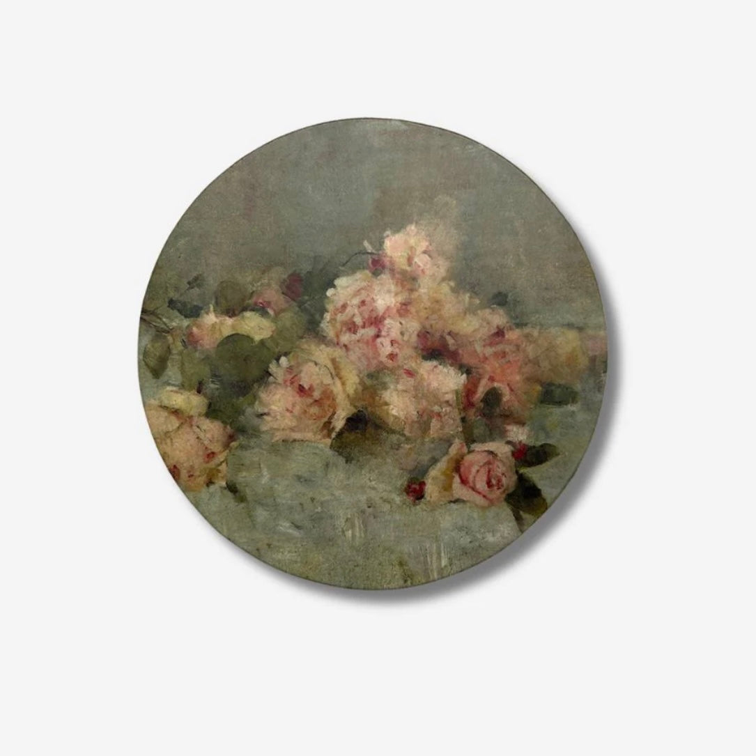 Circular painting of flowers on a plain background