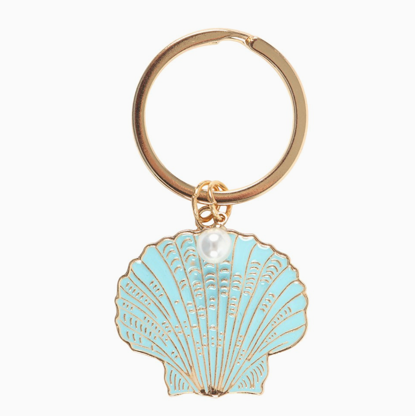 Keychain with a light blue shell and pearl design on a white background