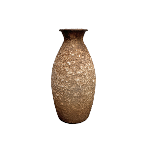 A textured vase with a narrow neck and rounded body, featuring a speckled brown and beige glaze, isolated on a white background.