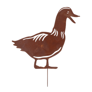 A rusted brown metal duck silhouette garden stake, shown against a plain white background.
