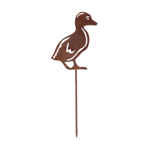 A brown metal garden stake shaped like a duck standing on a thin vertical post, shown on a plain white background.