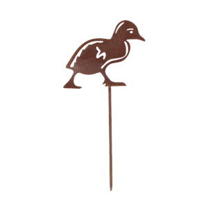 A metal garden stake shaped like a walking duck, finished in a dark brown rust color, shown against a plain white background.