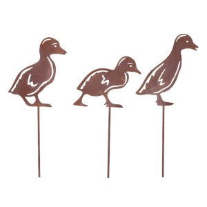Three metal duck yard stakes shaped like ducks in profile, shown on a plain white background.