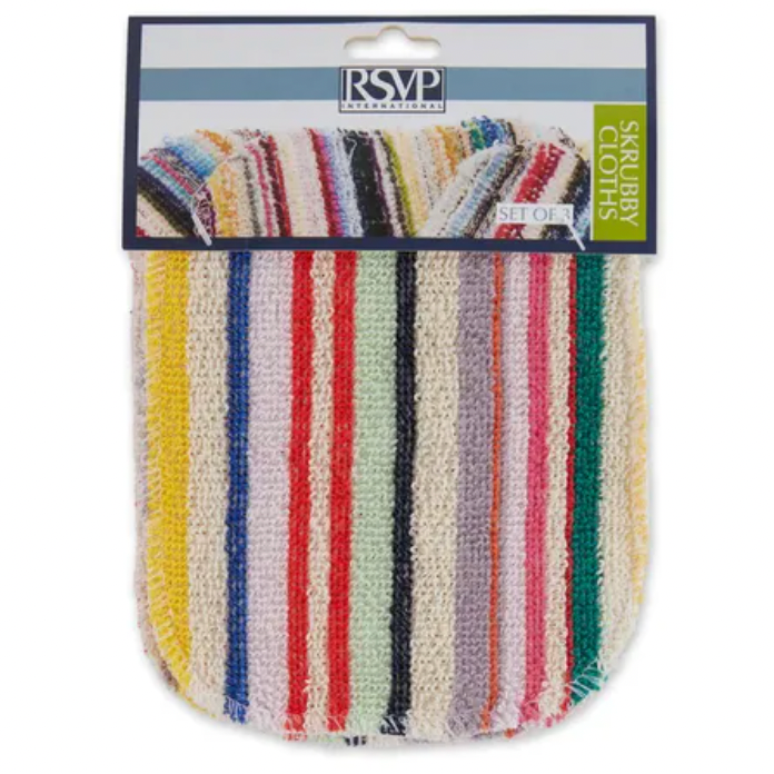 Striped scrub cloth with RSVP branding on a white background